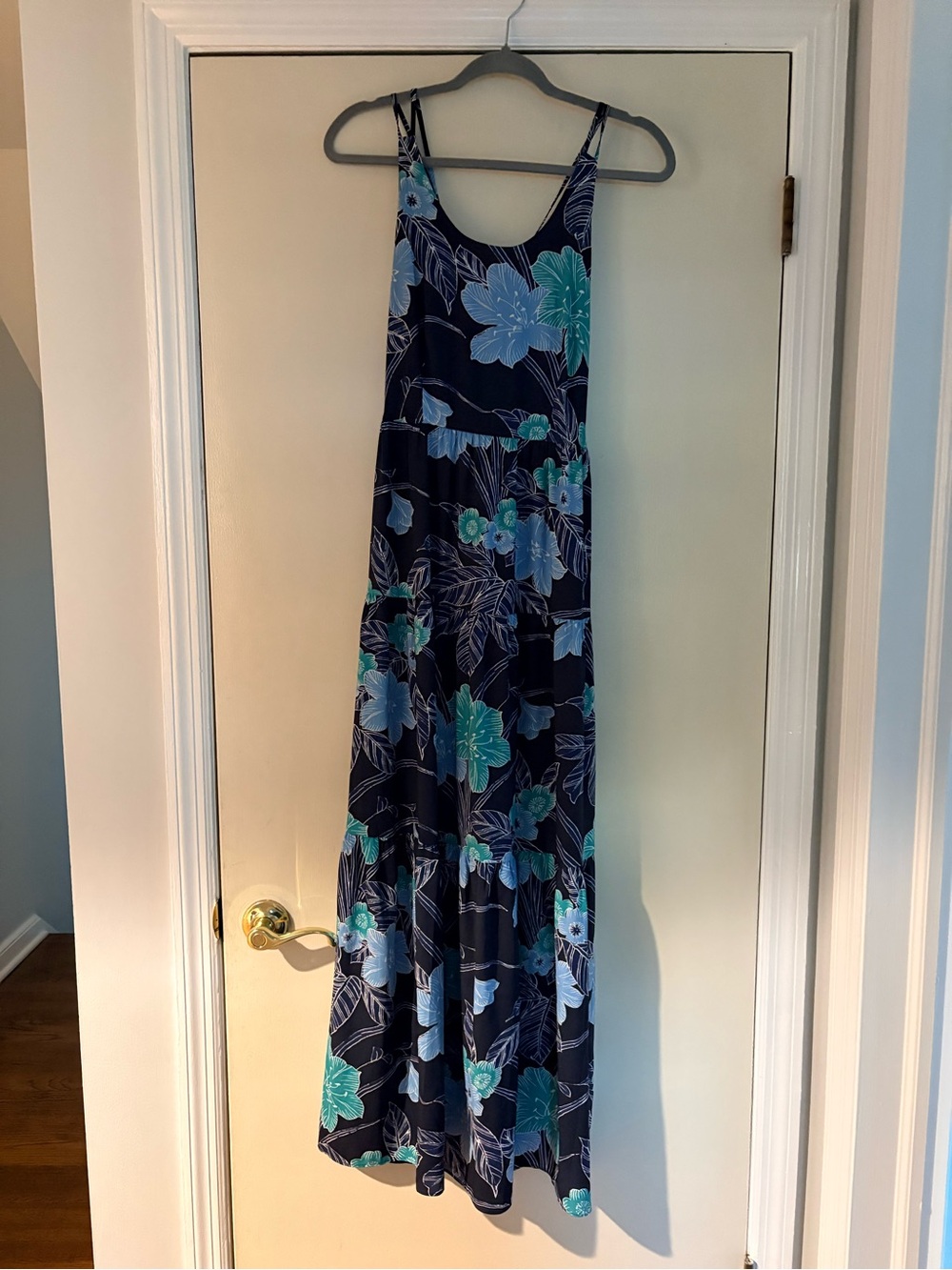 LOFT Navy Maxi Dress with Teal & Light Blue Floral Print